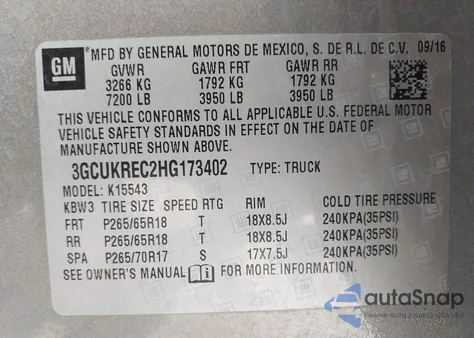 2017 Chevrolet Silverado 1500 1Lt из США, поврежденный, VIN 3GCUKREC2HG173402